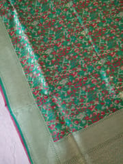 Kashmiri Jamawar Silk Saree in Leaf Green with all over Resham and Zari Jaal Embroidery