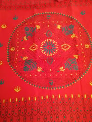 Bengal Silk Hand Embroidered Kantha Saree in Tomato Red