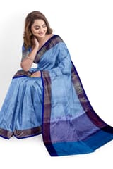 Beautiful Kora Tanchoi Silk Saree in Light Firoza Blue with Indigo Blue and Gold Zari Border