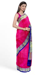 Beautiful Kora Tanchoi Silk Saree in Rani Pink with Mauvish Blue and Gold Zari Border
