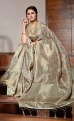 Beautiful  Digital Printed Jacquard Silk Saree in Fawn Colour with Dull Gold Aanchal and Border