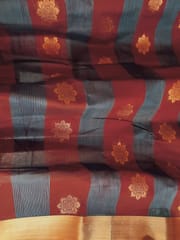 Maroon and Blue Striped Pure South Cotton Saree with Zari Border and Butis