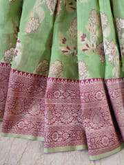 Banarasi Pure Linen Saree in Light Olive Green with Heavy Zari Border and Anchal