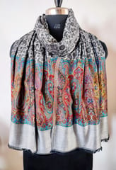 Pashmina Silk Stole with Self Weaving and Multicolor Kashmiri Weaving at Borders - Silver Grey & Black